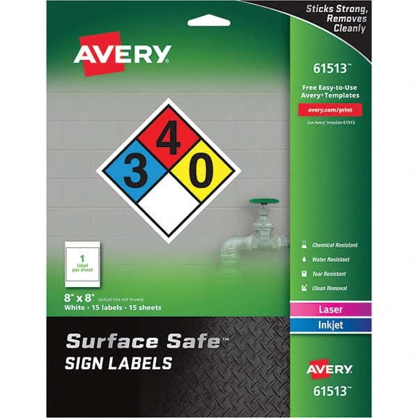 AVERY - Pack of (15), 8" x 8" White Polyester Durable Square Labels - USA Tool & Supply