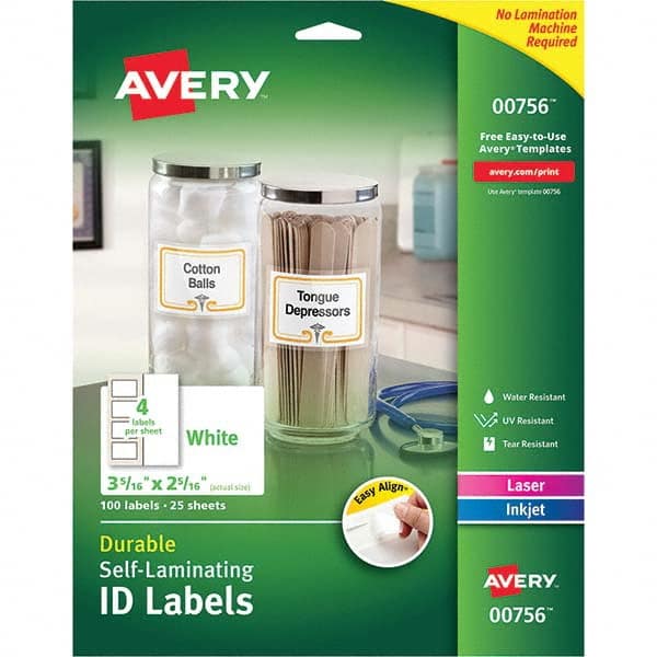 AVERY - Pack of (100), 2-5/16" x 3-5/16" White Paper Self Laminating Labels - USA Tool & Supply