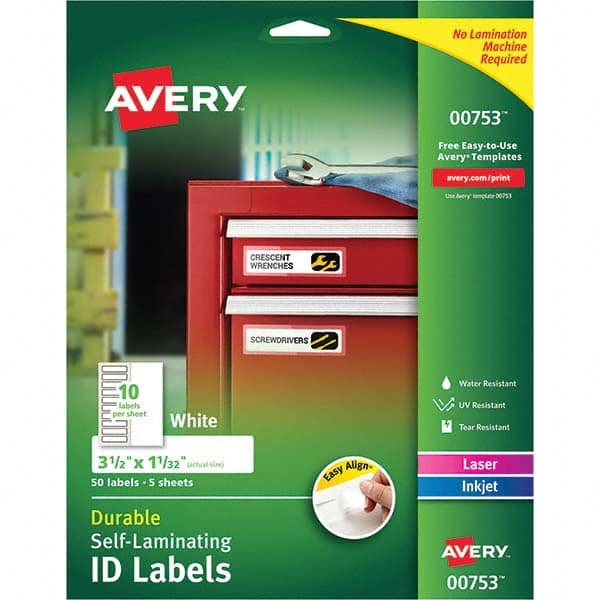 AVERY - Pack of (50), 1-1/32" x 3-1/2" White Paper Self Laminating Labels - USA Tool & Supply