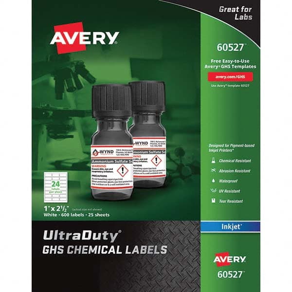 AVERY - Pack of (600), 1" x 2-1/2" White Synthetic Film ID Labels - USA Tool & Supply