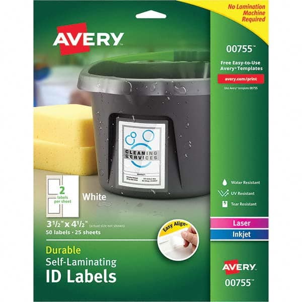 AVERY - Pack of (50), 3-1/2" x 4-1/2" White Paper Self Laminating Labels - USA Tool & Supply