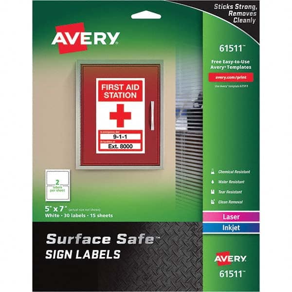 AVERY - Pack of (30), 5" x 7" White Polyester Durable Square Labels - USA Tool & Supply