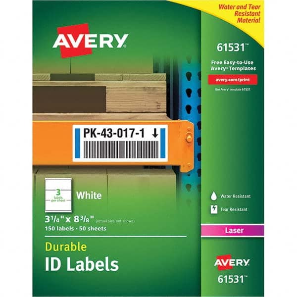 AVERY - Pack of (150), 3-1/4" x 8-3/8" White Paper Durable Square Labels - USA Tool & Supply