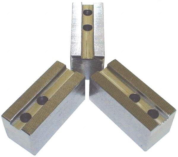H & R Manufacturing - 1.5mm x 60° Serrated Attachment, Soft Lathe Chuck Jaws - 3 Jaws, Steel, 1.181" Btw Mount Hole Ctrs, 4" Long x 1-3/4" Wide x 5" High, 0.63" Groove, 12mm Fastener - USA Tool & Supply