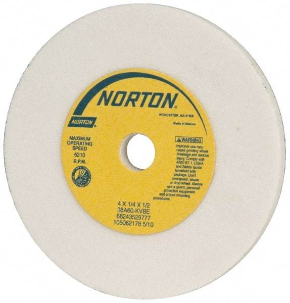 Norton - 60 Grit Aluminum Oxide Type 1 Internal Grinding Wheel - 4" Diam x 1/2" Hole x 1/4" Thick, 6,210 Max RPM, Type 1 Medium Grade, K Hardness, Vitrified Bond, One-Side Recess - USA Tool & Supply