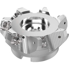 Seco - 100mm Cut Diam, 32mm Arbor Hole, 8mm Max Depth of Cut, 71° Indexable Chamfer & Angle Face Mill - 7 Inserts, SN.. Insert, Right Hand Cut, 7 Flutes, Through Coolant, Series R220.56 - USA Tool & Supply