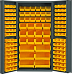 36"W - 14 Gauge - Lockable Bin Cabinet - With 132 Yellow Hook-on Bins - Deep Door Style - Gray - USA Tool & Supply