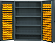 48"W - 14 Gauge - Lockable Cabinet - With 128 Yellow Hook-on Bins - 4 Adjustable Shelves - Deep Door Style - Gray - USA Tool & Supply