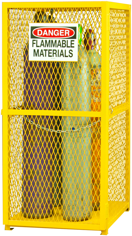 30" W - All welded - Angle Iron Frame with Mesh Side - Vertical Gas Cylinder Cabinet - Magnet Door - Safety Yellow - USA Tool & Supply