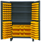 48"W - 14 Gauge - Lockable Cabinet - With 137 Yellow Hook-on Bins - 3 Adjustable Shelves - Flush Door Style - Gray - USA Tool & Supply