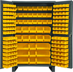 48"W - 14 Gauge - Lockable Cabinet - With 171 Yellow Hook-on Bins - Flush Door Style - Gray - USA Tool & Supply