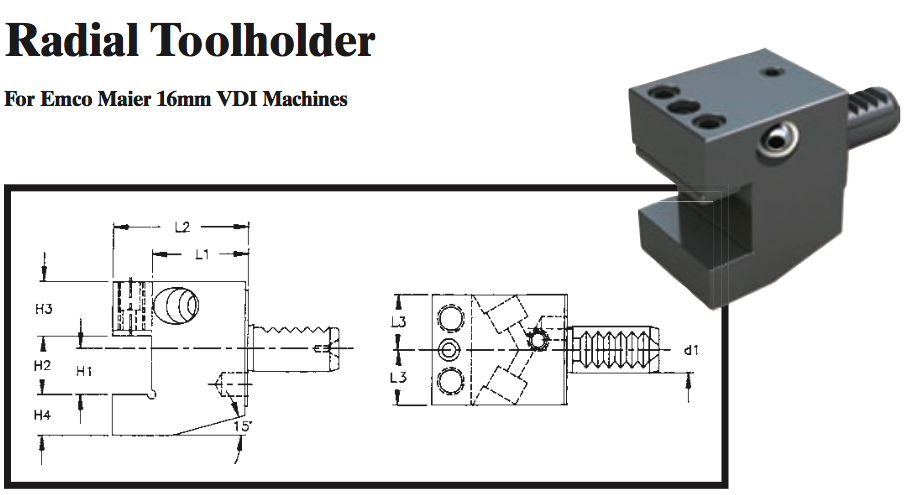 Radial Toolholder (For Emco Maier 16mm VDI Machines) - Part #: CNC86 E45.1616 - USA Tool & Supply