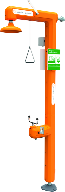 Guardian electric heat-traced eyewash and shower station prevents freezing in extreme conditions. Thermostat regulated unit is heated by self-limiting heat-tracing cable wrapped around internal pipe. Unit is intended for cold weather use down to -40°F. - USA Tool & Supply