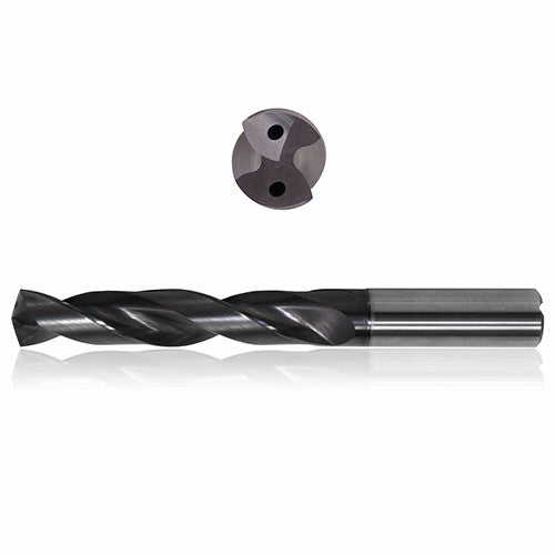 0.6299 mm Dia. × 16 mm Shank × 65 mm Flute Length × 115 mm OAL, 3xD, 140°, Sistral, 2 Flute, Coolant Thru, h6, Cylindrical, Solid Carbide Drill