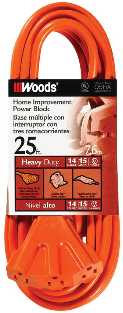 Extension Cord - 25' Extra HD 3-Outlet (Power Block) - USA Tool & Supply