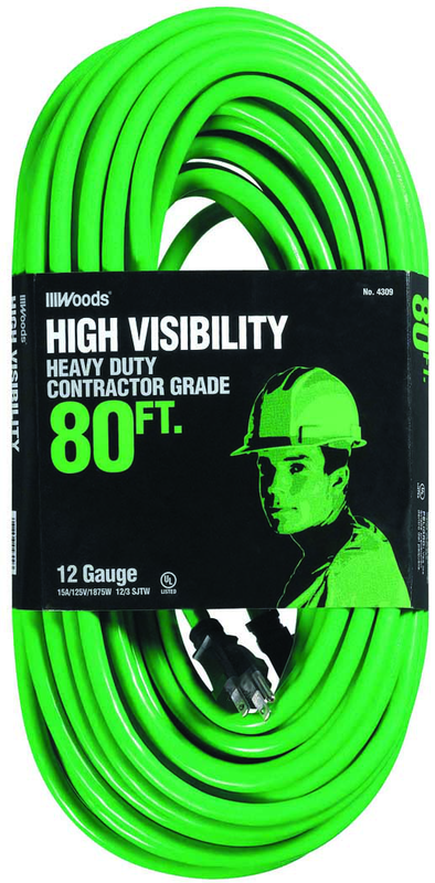 80' Ext. Cord Extra HD 1-Outlet- Neon High Visibility - USA Tool & Supply