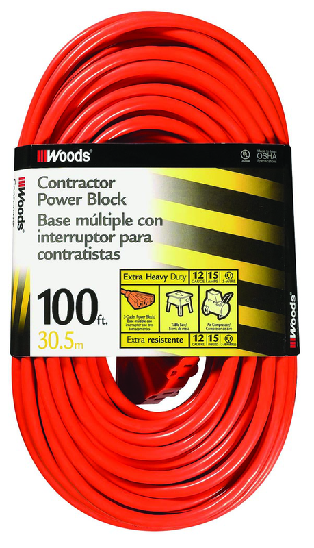 Extension Cord - 100' Extra HD 3-Outlet (Power Block) - USA Tool & Supply