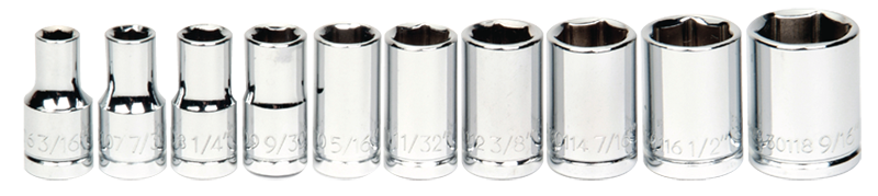 10 Piece - #9309228 - 3/8 to 9/16" - 1/4" Drive - 6 Point - Shallow Socket Set - USA Tool & Supply