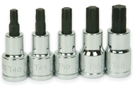 5 Piece - #9329080 - T40; T45; T50; T55; T60 - 1/2" Drive - Socket Drive Torx Bit Set - USA Tool & Supply