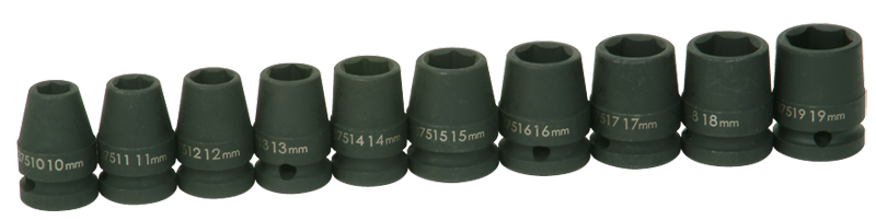 10 Piece - #9379108 - 10 to 19mm - 1/2" Drive - 6 Point - Impact Socket Set - USA Tool & Supply