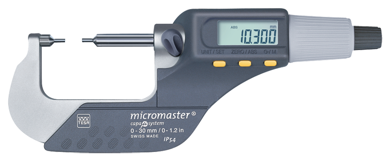 0 - 1.2" / 0 - 30mm Measuring Range - .00005/.001mm Resolution - Friction Thimble - Carbide Face - Electronic Spline Micrometer - USA Tool & Supply