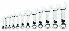 12 Piece - 12 Pt Ratcheting Stubby Combination Wrench Set - High Polish Chrome Finish - Metric; 8mm - 19mm - USA Tool & Supply