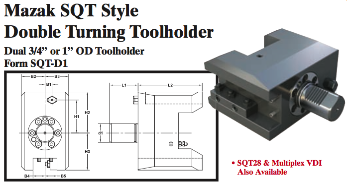 Mazak SQT Style Double Turning Toolholder (Dual 3/4Ó or 1Ó OD Toolholder Form SQT-D1) - Part #: SQT41.1020 - USA Tool & Supply