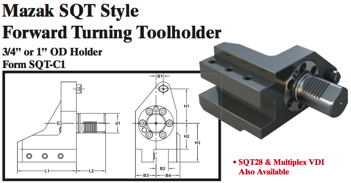 Mazak SQT Stye Forward Turning Toolholder (3/4Ó or 1Ó OD Holder Form SQT-C1) - Part #: SQT31.2825 - USA Tool & Supply
