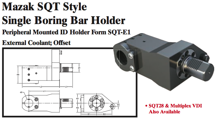 Mazak SQT Style Single Boring Bar Holder (Peripheral Mounted ID Holder Form SQT-E1 External Coolant; Offset) - Part #: SQT51.2850 - USA Tool & Supply