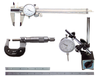 Kit Contains: 6" Dial Caliper; 0-1" Outside Micrometer; Mag Base With Fine Adjustment; 1" Travel Indicator; 6" 4R Scale And 12" 4R Scale - 6 Piece Machinist Set Up & Inspection Kit - USA Tool & Supply