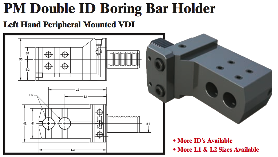 PM Double ID Boring Bar Holder (Left Hand Peripheral Mounted VDI) - Part #: PM91.3020L - USA Tool & Supply