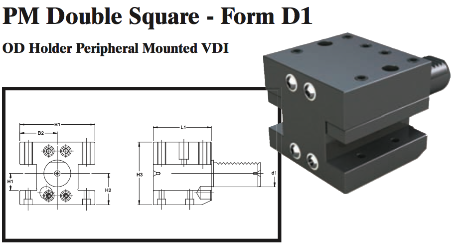 PM Double Square - Form D1 (OD Holder Peripheral Mounted VDI) - Part #: PM41.4025 - USA Tool & Supply
