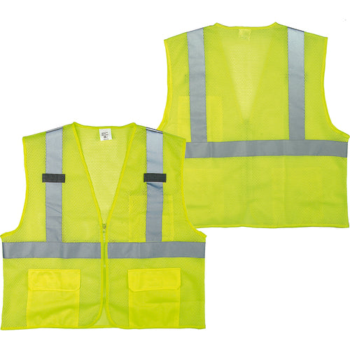 Class 2 Mesh Vest; Contrasting Color Strip, Zipper Closure, Outside Pocket - L - USA Tool & Supply