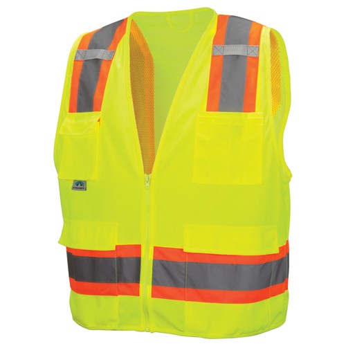 Class 2 Surveyors' Vest; Contrasting Color Strip, Zipper Closure, 8 Pockets - XL - USA Tool & Supply