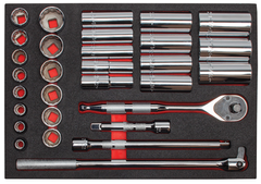 Proto® Foamed 1/2" Drive 30 Piece Socket Set w/ Precision 90 Pear Head Ratchet - Full Polish - 12 Point - USA Tool & Supply