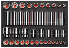 Proto® Foamed 1/2" Drive 65 Piece Combination Socket Set- Full Polish - 8 & 12 Point - USA Tool & Supply