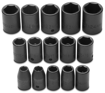 Proto® 1/2" Drive 15 Piece Metric Impact Socket Set - 6 Point - USA Tool & Supply