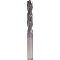 12.8 mm Dia. × 14 mm Shank × 77 mm Flute Length × 124 mm OAL, 5xD, 140°, TiAlN, 2 Flute, Internal, Round Solid Carbide Drill - Exact Industrial Supply