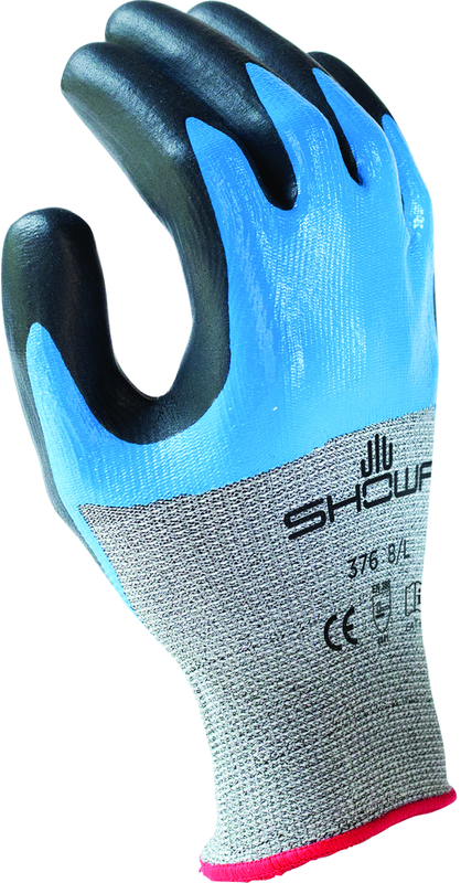 Engineered Hagane CoilTechnology cut resistant fiber w/double dipped nitrile palm coating, grey with blue and black overcoating, smooth finish, ANSI CUT LEVEL A4/medium - USA Tool & Supply