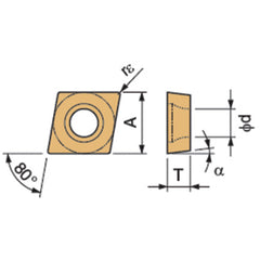 CCMT 3251 GK CA5515, 1/64″ Corner Radius, 5/32″ Thick, 3/8″ Inscribed Circle, TiCnulll2O3/TiN, Diamond, Turning Indexable Insert - Exact Industrial Supply