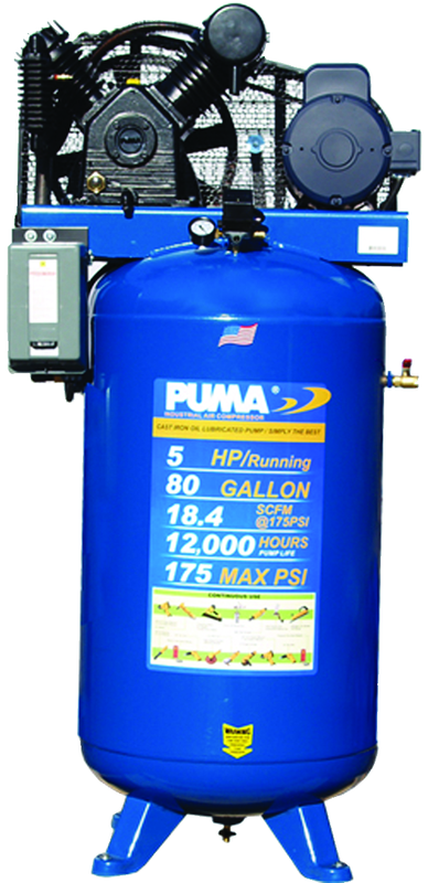 80 Gallon Vertical Tank Two Stage; Belt Drive; 5HP 230V 1PH W/Starter; 18.4CFM@175PSI; 530lbs. - USA Tool & Supply