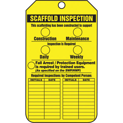 Scaffold Tag, Scaffold Inspection (Checklist)/Key Responsibility, 25/Pk, Cardstock - USA Tool & Supply