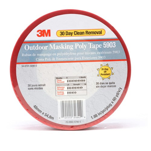 3M Outdoor Masking Poly Tape 5903 Red 48 mm × 54.8 m 7.5 mil Individually Wrapped Conveniently Packaged - USA Tool & Supply