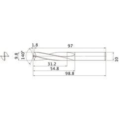 MAE0980MB HTI10 9.8 mm Dia. × 10 mm Shank × 54.8 mm Flute Length × 98.8 mm OAL, 140°, 2 Flute, External Coolant, Solid Carbide Drill
