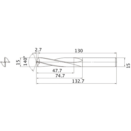 MAE1500MB HTI10 15 mm Dia. × 15 mm Shank × 74.7 mm Flute Length × 132.7 mm OAL, 140°, 2 Flute, External Coolant, Solid Carbide Drill