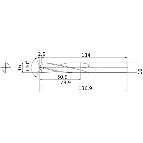 MAE1600MB HTI10 16 mm Dia. × 16 mm Shank × 78.9 mm Flute Length × 136.9 mm OAL, 140°, 2 Flute, External Coolant, Solid Carbide Drill