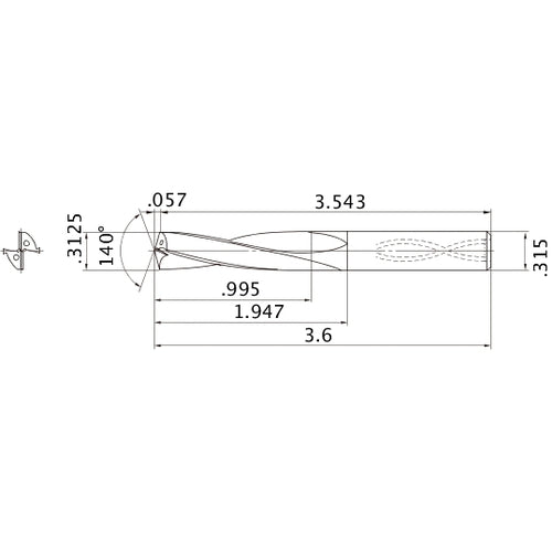 MAS03125MB HTi10 5/16″ Dia. × 0.315″ Shank × 1.947″ Flute Length × 3.6″ OAL, 140°, 2 Flute, Coolant Thru, Solid Carbide Drill