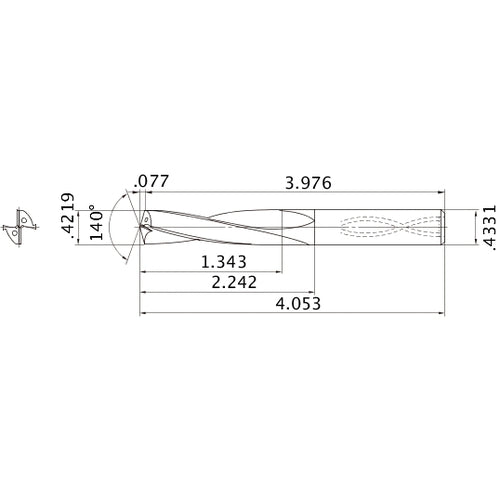 MAS04219MB HTi10 0.4219″ Dia. × 0.4331″ Shank × 2.242″ Flute Length × 4.053″ OAL, 140°, 2 Flute, Coolant Thru, Solid Carbide Drill