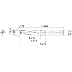 MAS04219MB HTi10 0.4219″ Dia. × 0.4331″ Shank × 2.242″ Flute Length × 4.053″ OAL, 140°, 2 Flute, Coolant Thru, Solid Carbide Drill
