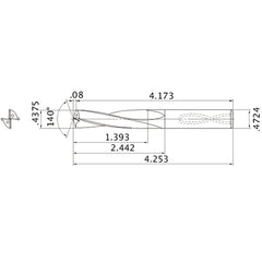 MAS04375MB HTi10 7/16″ Dia. × 0.4724″ Shank × 2.442″ Flute Length × 4.253″ OAL, 140°, 2 Flute, Coolant Thru, Solid Carbide Drill